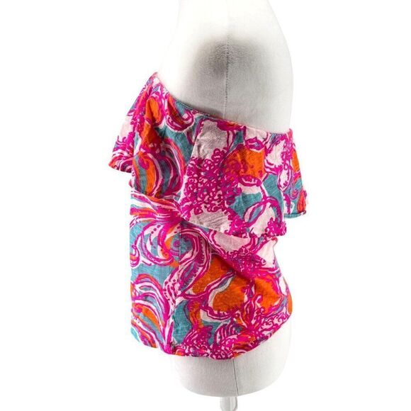 Lilly Pulitzer Strapless Ruffle Top XS Multi-Color EUC Bright Pink Orange Blue P - Picture 4 of 9